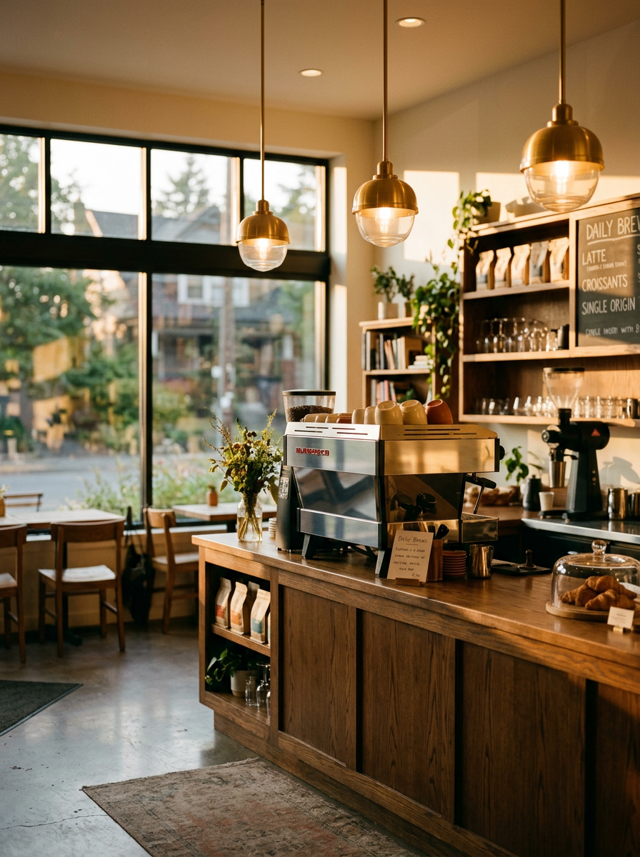 Warm coffee shop interior in golden light