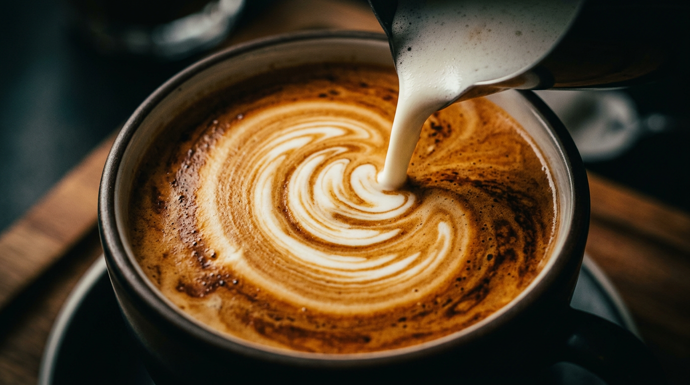 Steamed milk pouring into a latte
