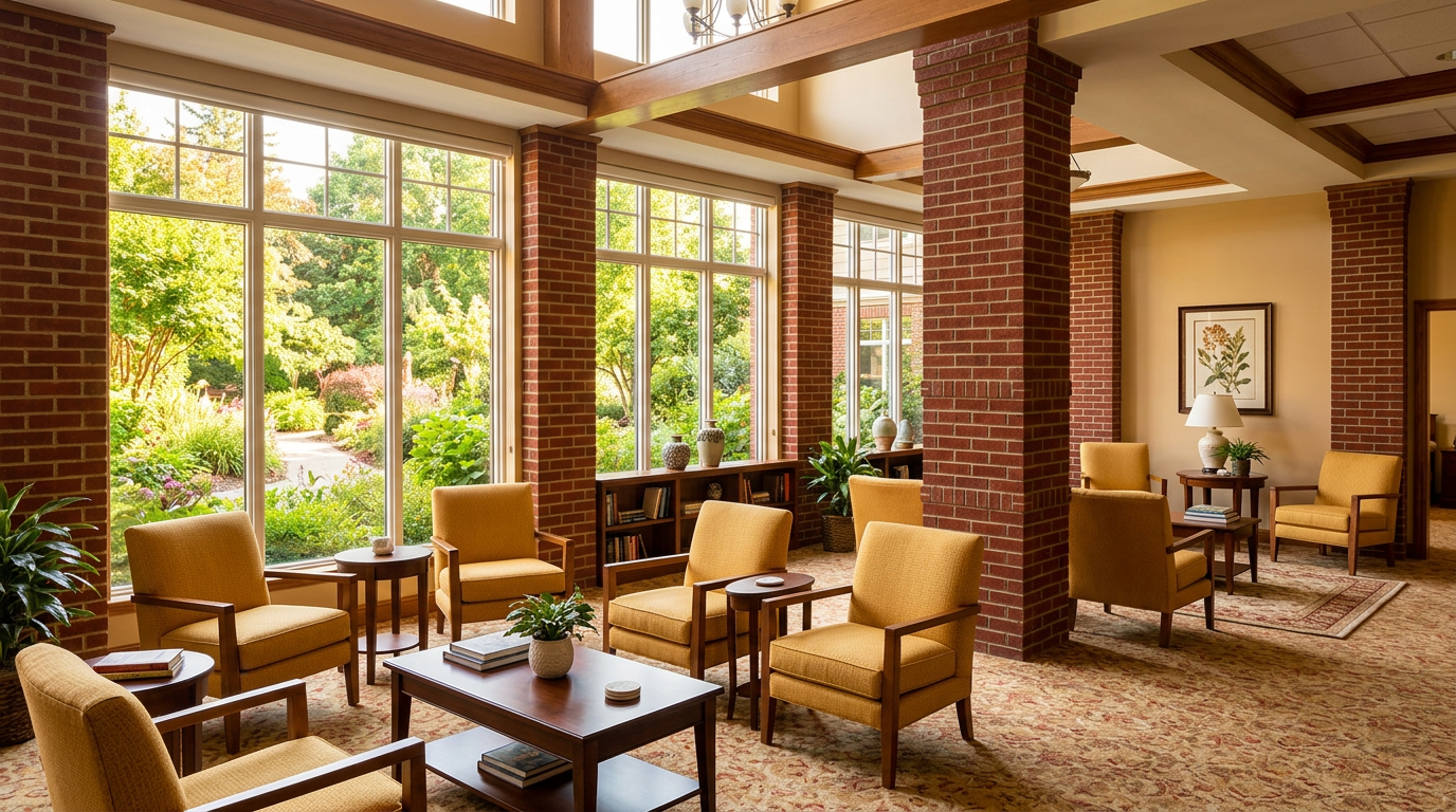 Bright community lounge with golden armchairs