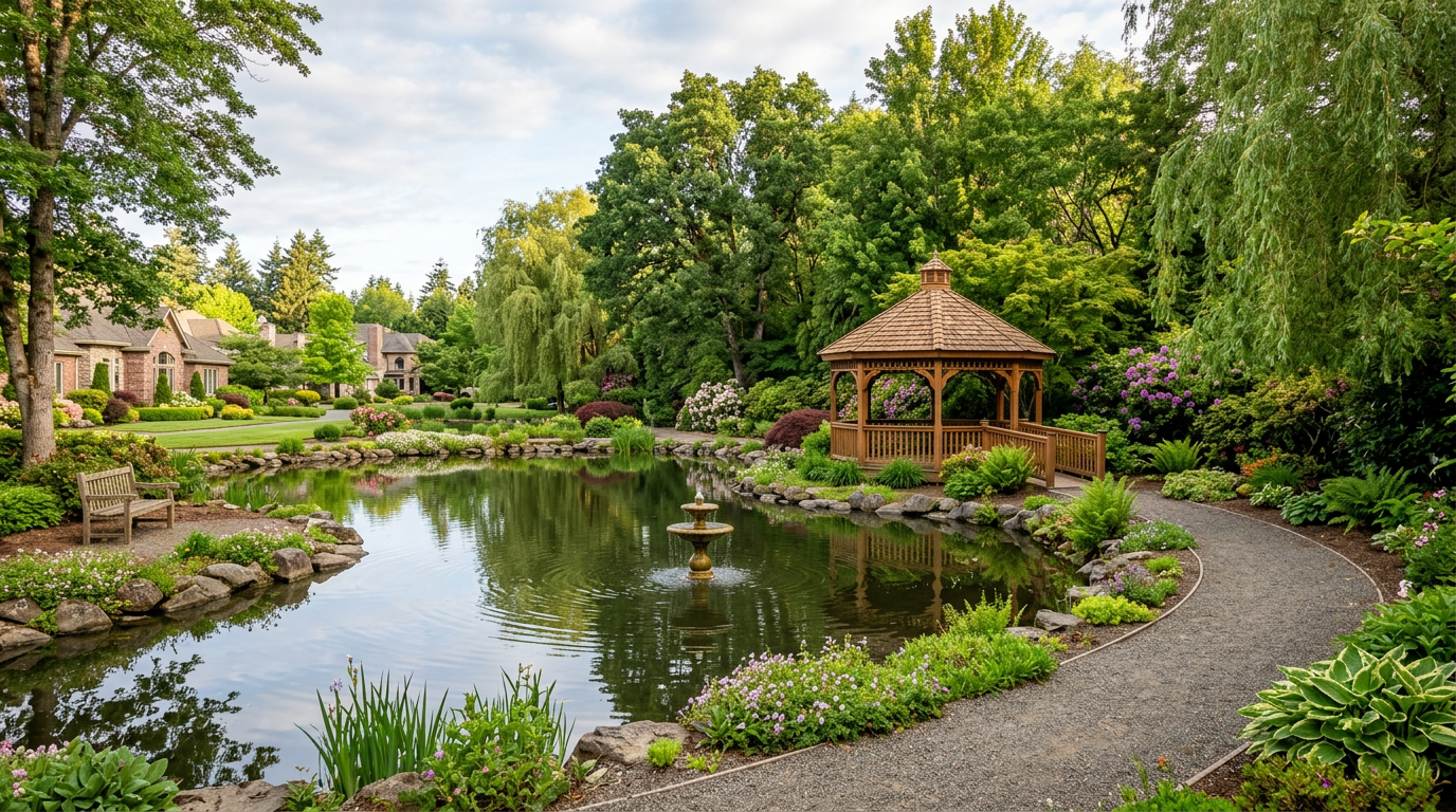 Pond with fountain and gazebo